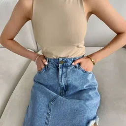 AAHWAN Denim High Waist Midi Middle Slit Skirt image 5