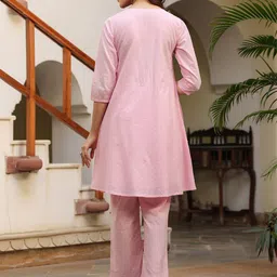 Janasya Women's Light Pink Dobby Pure Cotton Self Design V-Neck A-line Co-ord Set image 3