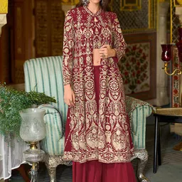 House of Pataudi Floral Embroidered Georgette Crop Top With Sharara & Shrug-image-81