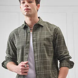 HIGHLANDER Men Relaxed Fit Windowpane Checked Spread Collar Cotton Casual Shirt-picture-20