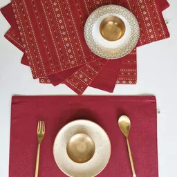 The Yard House 6Pc Red & White Woven Designed Cotton Rectangular Anti-Slip Table Placemats image 4