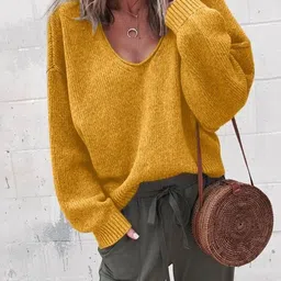 HERE&NOW Women Yellow Acrylic Solid Loose Fit Sweaters-picture-16