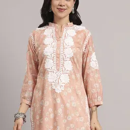 The Chikan Label Women Peach Aarini Mulmul Floral Printed Chikankari Kurti-picture-31