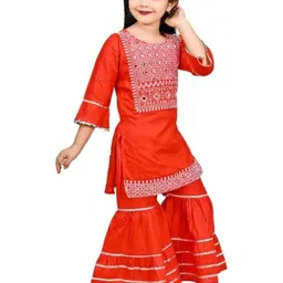 ikonic fashion Girls Festive & Party Angarkha and Sharara Set (Red Pack of 1) image 2