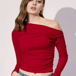 Womenster Women Asymmetric Collar Ruched Crepe Fitted Crop Top-image-59