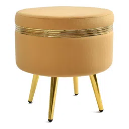 NACIA Beige & Gold Toned Round Shape Wooden Ottoman Pouffes Stool-picture-27