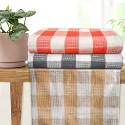 Athom Living Red & Brown 3 Pieces Checked Cotton 210 GSM Bath Towels-picture-3