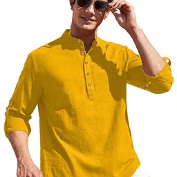 Navkanj Band Collar Roll-Up Sleeves Short Kurta-image-72