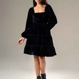 Urban Sundari Puff Sleeve Ruffled Velvet Fit & Flare Mini Dress-picture-22