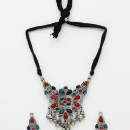 Moedbuille Silver-Plated Oxidised Ghungroo-Studded Meenakari Jewellery Set image 2