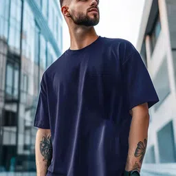 THE BEETEL HOUSE Men Solid Round Neck Oversized T-shirt image 1