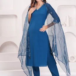 KEIYONA V-Neck Straight Kurta With Trousers & Dupatta image 3