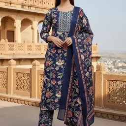 NAVYAAZRI Women Floral Printed Regular Thread Work Kurta with Trousers & With Dupatta image 5