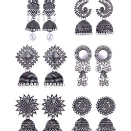 MEENAZ Set Of 6 Silver Plated Oxidised Dome Shaped Jhumkas-image-49