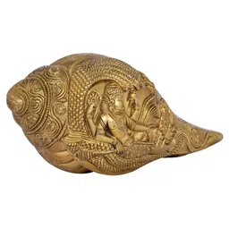 Exotic India Brass Conch with Lord Vishnu & Lakshmi Ji Showpiece image 1