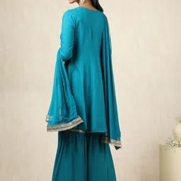 Soch Ethnic Motifs Yoke Design Round Neck A-Line Kurti With Sharara & Dupatta image 5