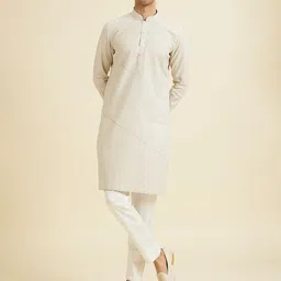 Manyavar Striped Mandarin Collar Linen Straight Kurta-picture-28
