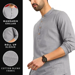 KNOWTED Mandarin Collar Roll-Up Sleeves Straight Short Kurta image 3