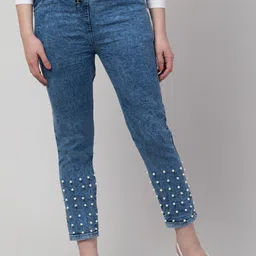 NEUNK Women Comfort Slim Fit Mid-Rise Embellished Light Fade Stretchable Cotton Jeans-image-96