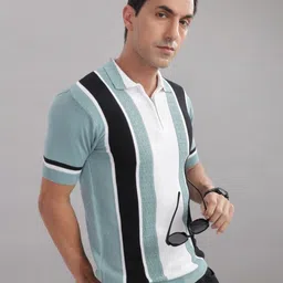 OUTLAWS Colourblocked Printed Self Design Polo Collar Pure Cotton Regular Fit T-shirt image 5