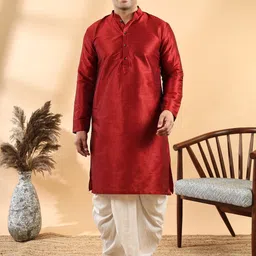 Ethluxis Traditional Long Sleeves Mandarin Collar Dupion Silk Kurta With Dhoti Pants image 4