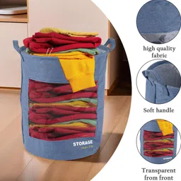 homestic Cotton, Polyester Pack of 2 Versatile 43L Clothes Basket with Handles | GM-27-LDENI | Light Denim Storage Basket image 3