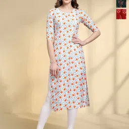 HERE&NOW Selection Of 3 Floral Printed Round Neck Straight Kurtas-picture-34