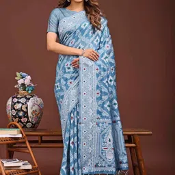HERE&NOW Ethnic Motifs Embroidered Linen Blend Saree-picture-21