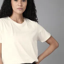 roadster Women Solid Round Neck Pure Cotton White T-Shirt image 1