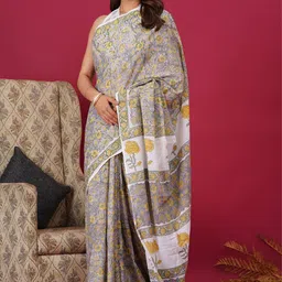shivanya  handicrafts Shivanya Handicrafts Floral Pure Cotton Block Print Saree image 2