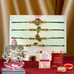eCraftIndia Set Of 4 Radha Krishna & Peacock Rakhi With Crystal Lord Ganesha Idol-picture-55