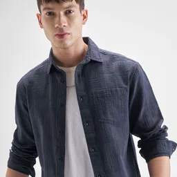 HIGHLANDER Textured Spread Collar Relaxed Fit Cotton Shirt-image-8