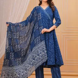 Terizla Women Blue V-Neck Embroidered Digital Print Pure Cotton Kurta Sets-picture-37