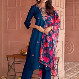 Navlik Women Floral Embroidered Regular Thread Work Kurta with Palazzos & With Dupatta-picture-30