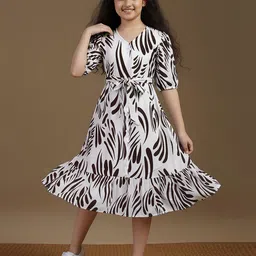 FASHION DREAM Girls Abstract Printed Belted Puff Sleeve Fit & Flare Dress-image-81