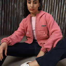 High Star Women Self Design Hooded Front-Open Crop Sweatshirt-image-94