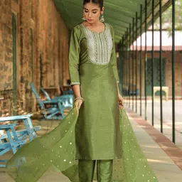 KALINI Ethnic Motifs Embroidered Sequinned Straight Kurta With Trousers & Dupatta-image-63