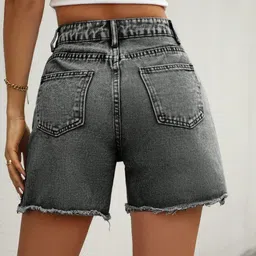 Outzidr Women High Waist Denim Freyed Hem Shorts image 2