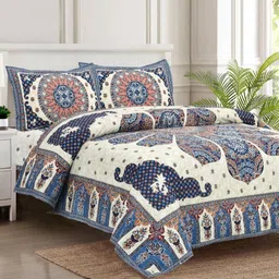 BED-SHEET.COM Blue & Beige Floral Printed 260 TC Cotton King Bedsheet Set 2.54 m x 2.74 m-picture-41