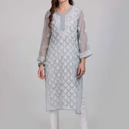 KHAKA Women Ethnic Motifs Embroidered Regular Chikankari Kurta with Trousers-picture-26