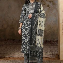 Sangria Black Floral Printed Mirror Work Pure Cotton Kurta With Trousers And Dupatta-picture-8