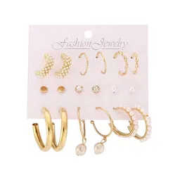 PolluxCraft Set of 9 Gold Plated Pearls & Crystal Studs & Hoop Earrings image 2