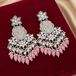 TESSARA Silver-Plated Artificial Stones Studded And Beaded Floral Shaped Drop Earrings image 4