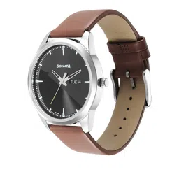 Sonata Men Black Brass Dial & Brown Leather Straps Analogue Watch 7146SL04 image 4