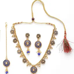 ANIKAS CREATION Gold-Plated Blue & Beige Kundan-Studded Handcrafted Enamelled Jewellery Set image 5