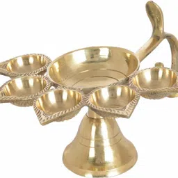 Pure Brass Panch Deepak Aarti, Brass Diya for Pooja, Diya Stand for Mandir Use Brass Table Diya-image-1