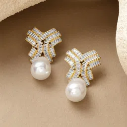 Rubans 18K Gold-Plated AD Studded & Pearls Beaded Contemporary Drop Earrings-picture-12