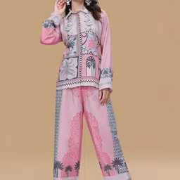 Peach Petals Printed Button-Down Collar Shirt With Relaxed-Fit Palazzos Co-Ords image 4