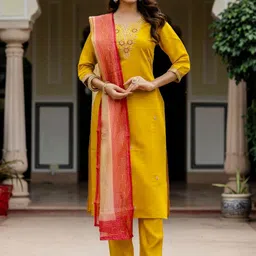 BlueRang Ethnic Motifs Yoke Design Chanderi Silk Straight Kurta With Trousers & Dupatta-picture-13