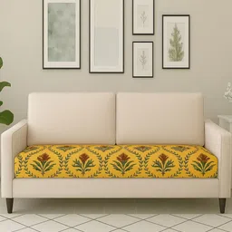 STITCHNEST Mustard & Green Printed 2-Seater Sofa Seat Cover-image-32